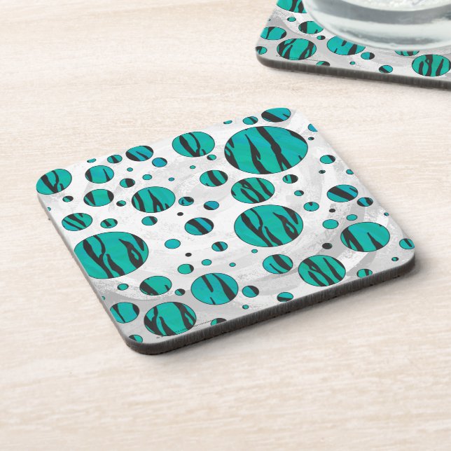Polka Dot Tiger Black and Teal Print Beverage Coaster (Left Side)