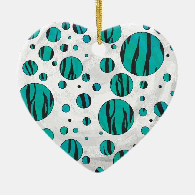 Polka Dot Tiger Black and Teal Print Ceramic Ornament (Front)