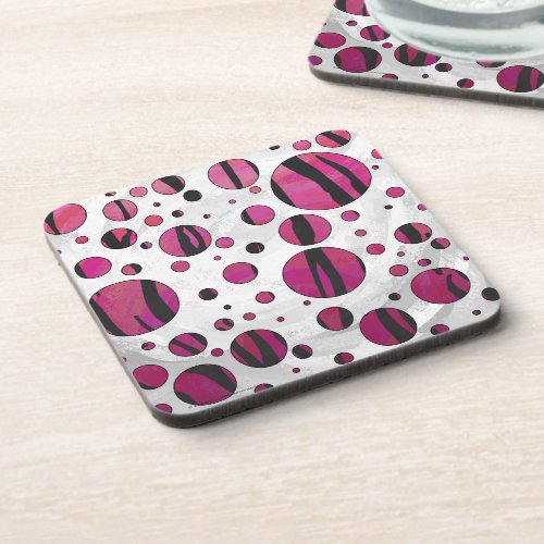 Polka Dot Tiger Hot Pink and Black Print Beverage Coaster