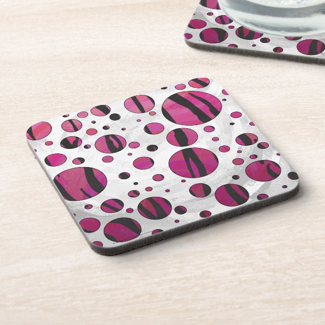 Polka Dot Tiger Hot Pink and Black Print Beverage Coaster (Left Side)