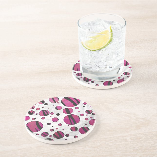 Polka Dot Tiger Hot Pink and Black Print Drink Coaster (Side)