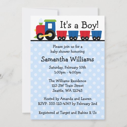 Polka Dot Train Boy Baby Shower Invite