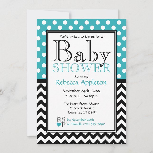 Polka Dot Turquoise & Chevron Baby Shower Invitation (Front)