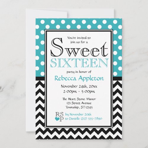 Polka Dot Turquoise &amp; Chevron Sweet Sixteen Personalized Invitations