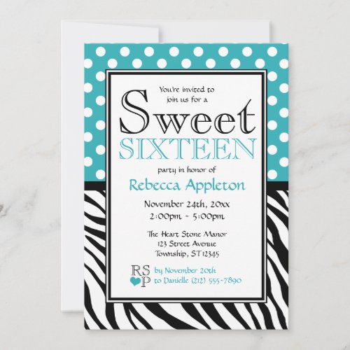 Polka Dot Turquoise &amp; Zebra Print Sweet Sixteen Personalized Invitations