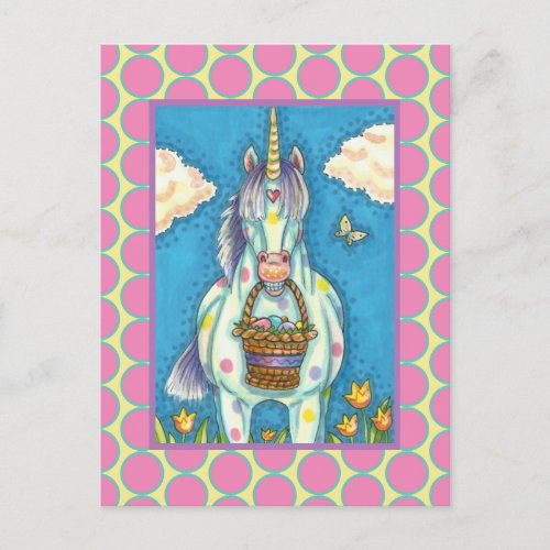 POLKA DOT UNICORN AND EASTER EGG BASKET FANTASY HOLIDAY POSTCARD