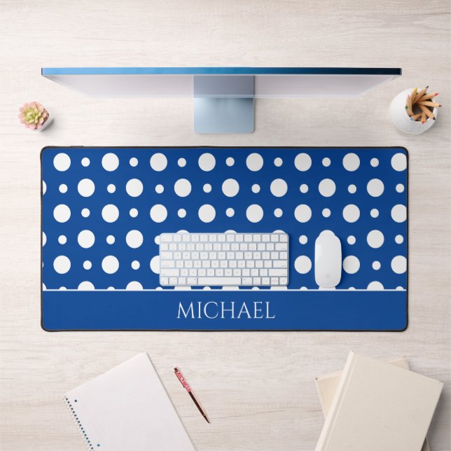 Polka Dot White Blue Pattern Desk Mat (Office 1)
