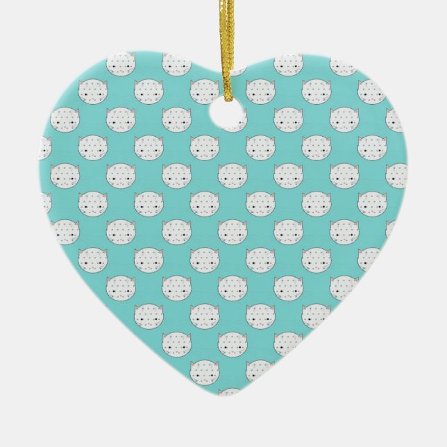 Polka Dot White Kitty Face over Teal Ceramic Ornament (Front)