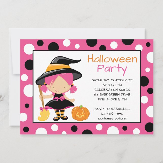 Polka Dot Witch Halloween Party Invitations (Front)