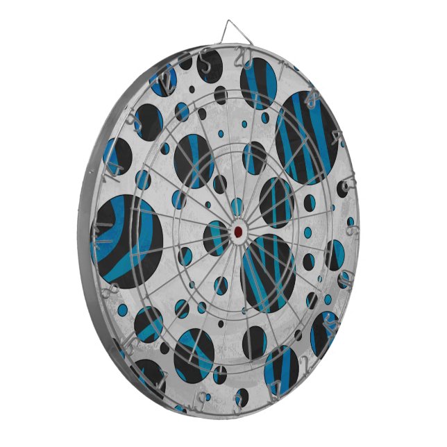 Polka Dot Zebra Black and Blue Pattern Dartboard With Darts (Front Left)