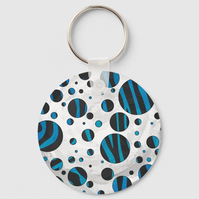 Polka Dot Zebra Black and Blue Pattern Keychain (Front)
