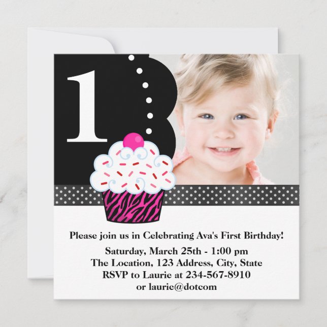 Polka Dot Zebra Cupcake Girls Photo 1st Birthday P Invitation (Front)