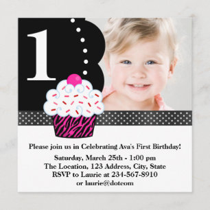 Polka Dot Zebra Cupcake Girls Photo 1st Birthday P Invitation