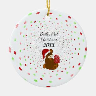 Polka Dots and Bear First Christmas Ceramic Ornament