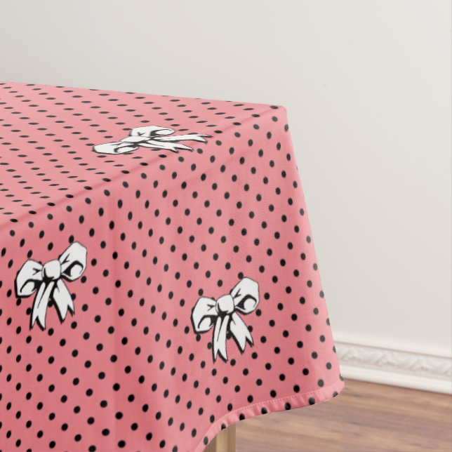 Polka Dots and Bows Pink Black White Retro Style Tablecloth (In Situ)