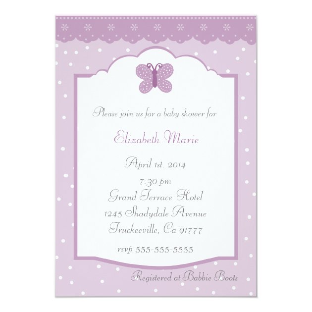 Polka Dots And Butterfly Lavender Baby Shower Invitation