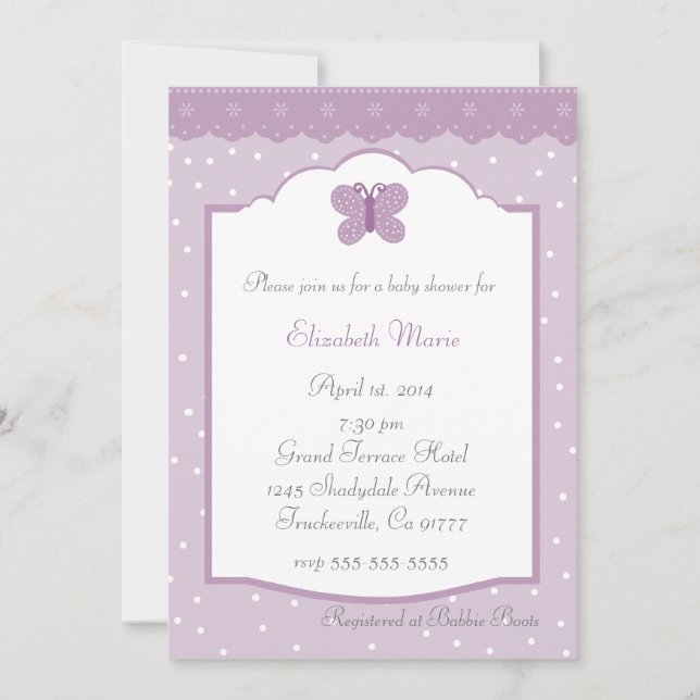 Polka Dots and Butterfly Lavender Baby Shower Invitation (Front)