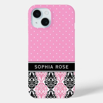 Polka Dots And Damask Pink Black Custom Name Iphone 15 Case by DoodlesGiftShop at Zazzle