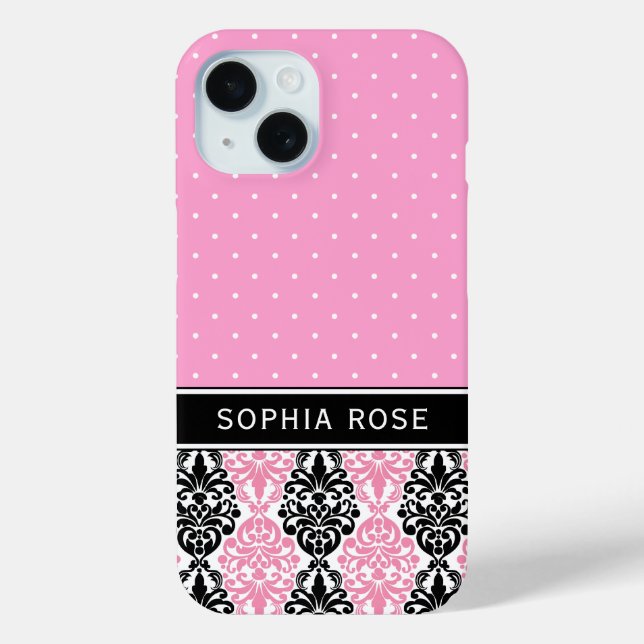 Polka Dots and Damask Pink Black Custom Name Case-Mate iPhone Case (Back)