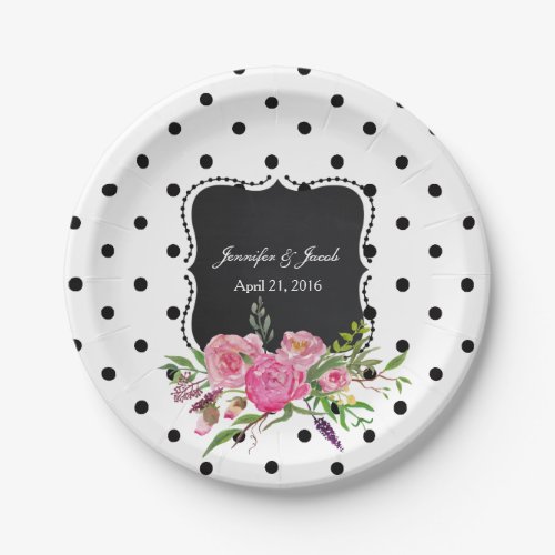 Polka Dots and Peonies Wedding Paper Plate
