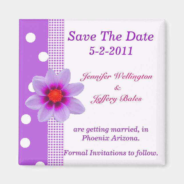 Polka Dots and Purple Flower Save the Date magnet (Front)