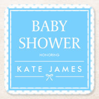 Polka Dots and Ribbon Blue Baby Shower Square Paper Coaster
