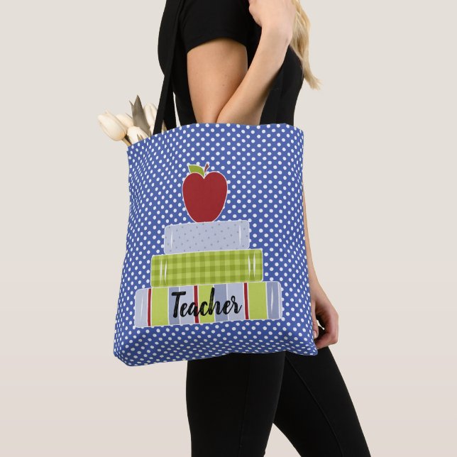 Polka Dots and Stacked Books Teachers Tote Bag (Close Up)