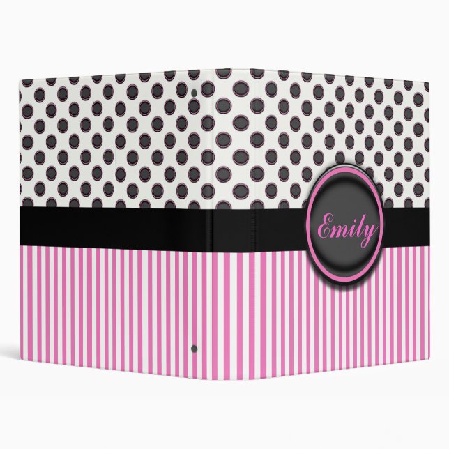 Polka Dots and Stripes Pink, Black and White 3 Ring Binder (Background)