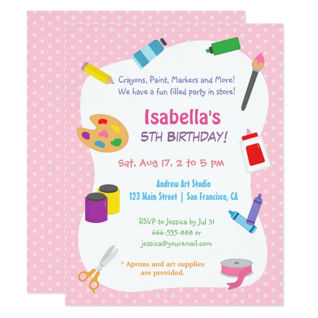 Polka Dots Arts And Crafts Kids Birthday Party Invitation
