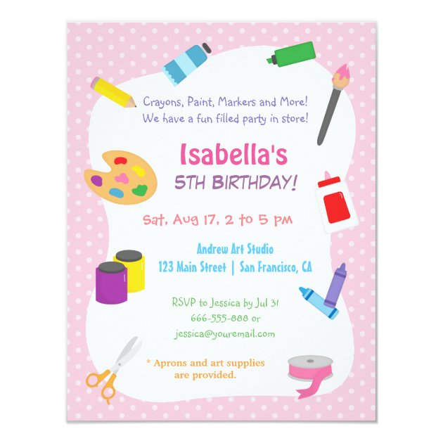 Polka Dots Arts And Crafts Kids Birthday Party Invitation