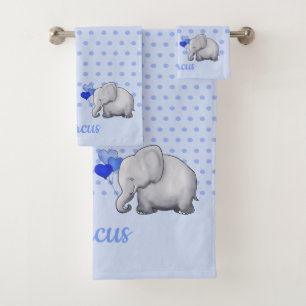 Polka Dots Baby Name Blue Elephant Shower Nursery Bath Towel Set