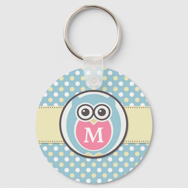 Polka Dots Baby Owl Cartoon Monogram Keychain (Front)