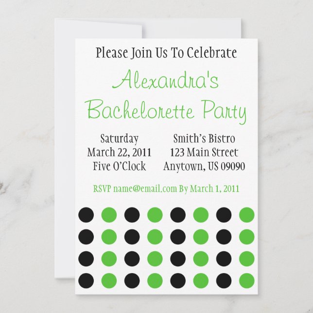 Polka Dots Bachelorette Invite Black / Lime Green (Front)