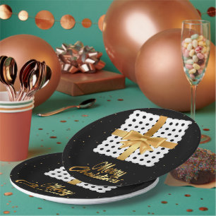 Polka Dots Black and white Christmas Golden Ribbon Paper Plates