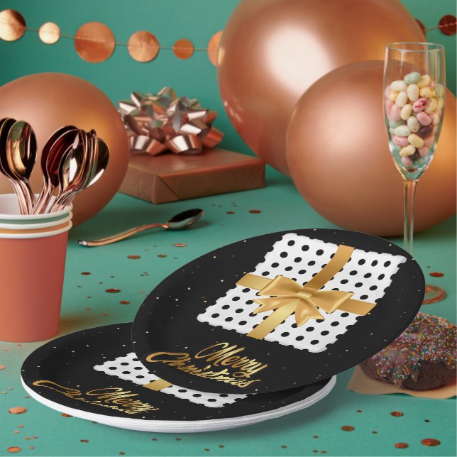 Polka Dots Black and white Christmas Golden Ribbon Paper Plates (Multi)