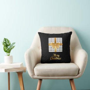 Polka Dots Black and white Christmas Golden Ribbon Throw Pillow