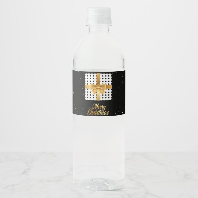 Polka Dots Black and white Christmas Golden Ribbon Water Bottle Label (Front)
