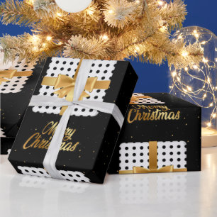 Polka Dots Black and white Christmas Golden Ribbon Wrapping Paper