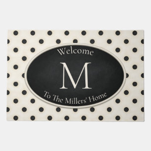 Polka Dots Black & Antique White Monogrammed Doormat