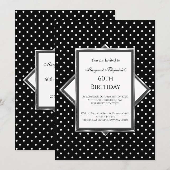 Polka Dots Black White Birthday Party Invitation (Front/Back)