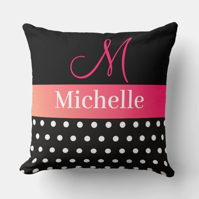 Polka Dots Black White Pink Monogram Script  Throw Pillow (Front)