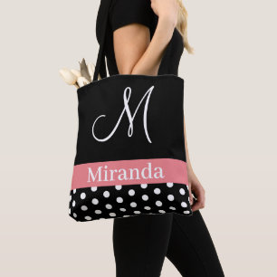 Polka Dots Black White Pink Monogram Script Tote Bag