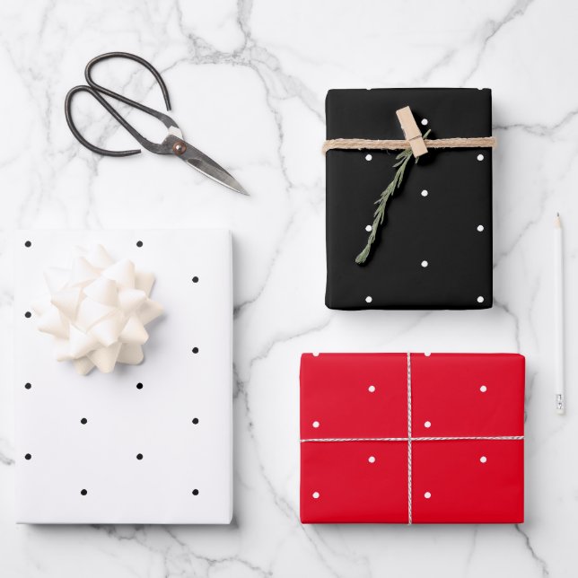 Polka dots black white red tiny chic pattern wrapping paper sheets (Front)