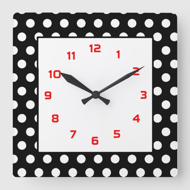 Polka Dots- Black & White Square Wall Clock (Front)