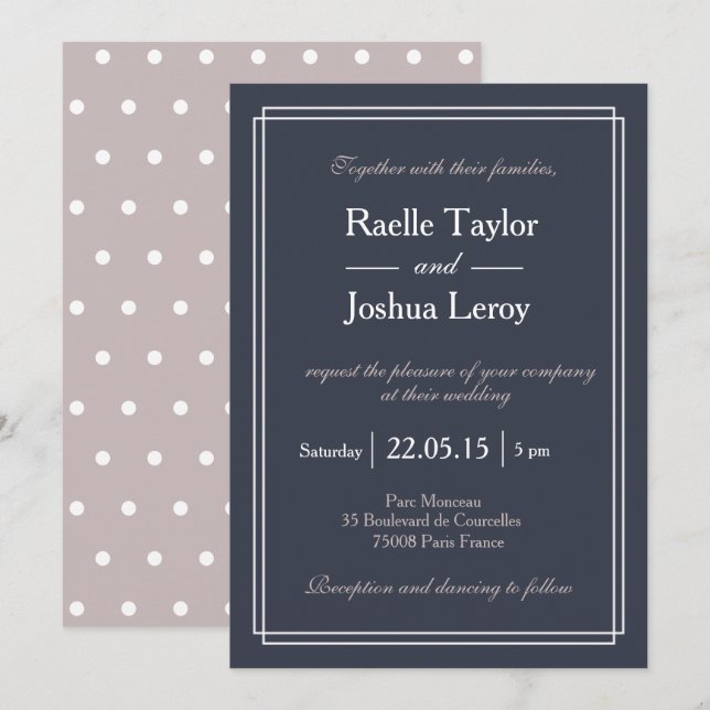 Polka dots blue blush white minimalist wedding invitation (Front/Back)