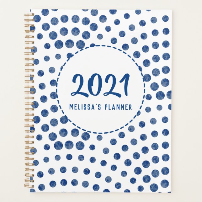 Polka Dots Blue Girly Modern Personalized Yearly Planner (Front)