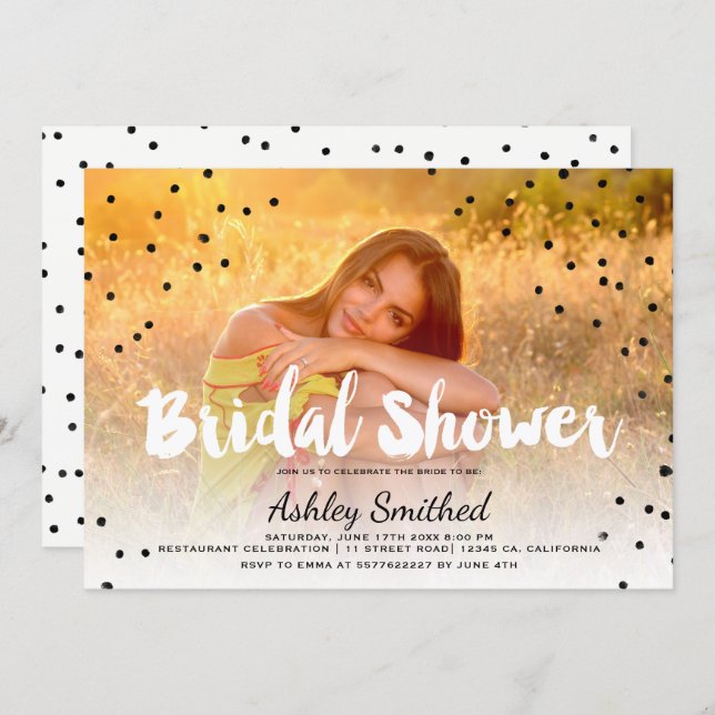 Polka dots boho photo typography bridal shower invitation (Front/Back)