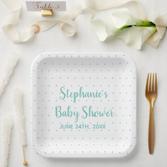 Polka Dots Boy Girl Baby Shower Teal Blue White  Paper Plates (Wedding)