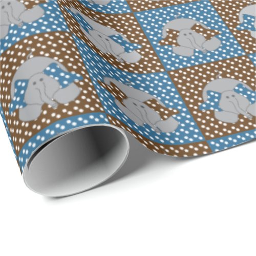 Polka Dots Brown and Blue Elephants Wrapping Paper