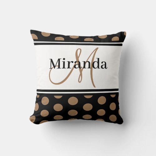 Polka Dots Brown White Stripe Black Monogram Throw Pillow